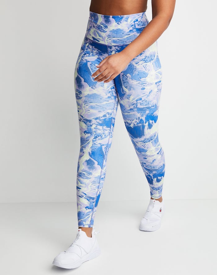 Champion Dame Leggings Blå/Hvide - Soft Touch 7/8 Print - Danmark PZJ-376129